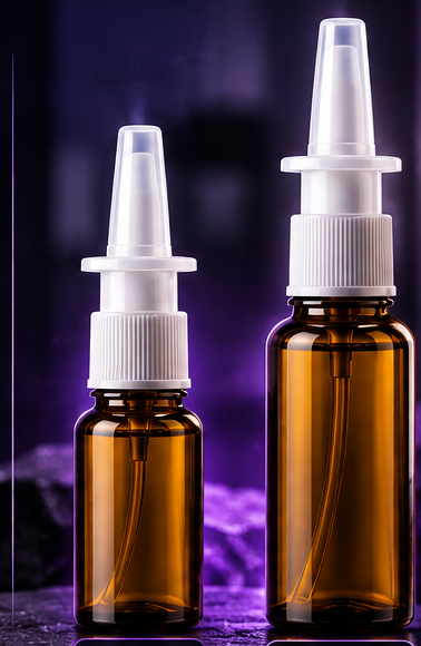 Two unlabeled amber glass nasal spray containers with white metered spray pumps